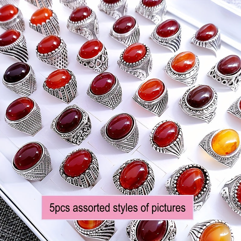 Mijozlar tomonidan eng yaxshi tanlov: 5 ta vintage uslubidagi uzuklar to'plami, tabiiy yo'lbars ko'z toshlari bilan - Sink qotishmasidan tayyorlangan, kundalik va maxsus tadbirlar uchun ideal