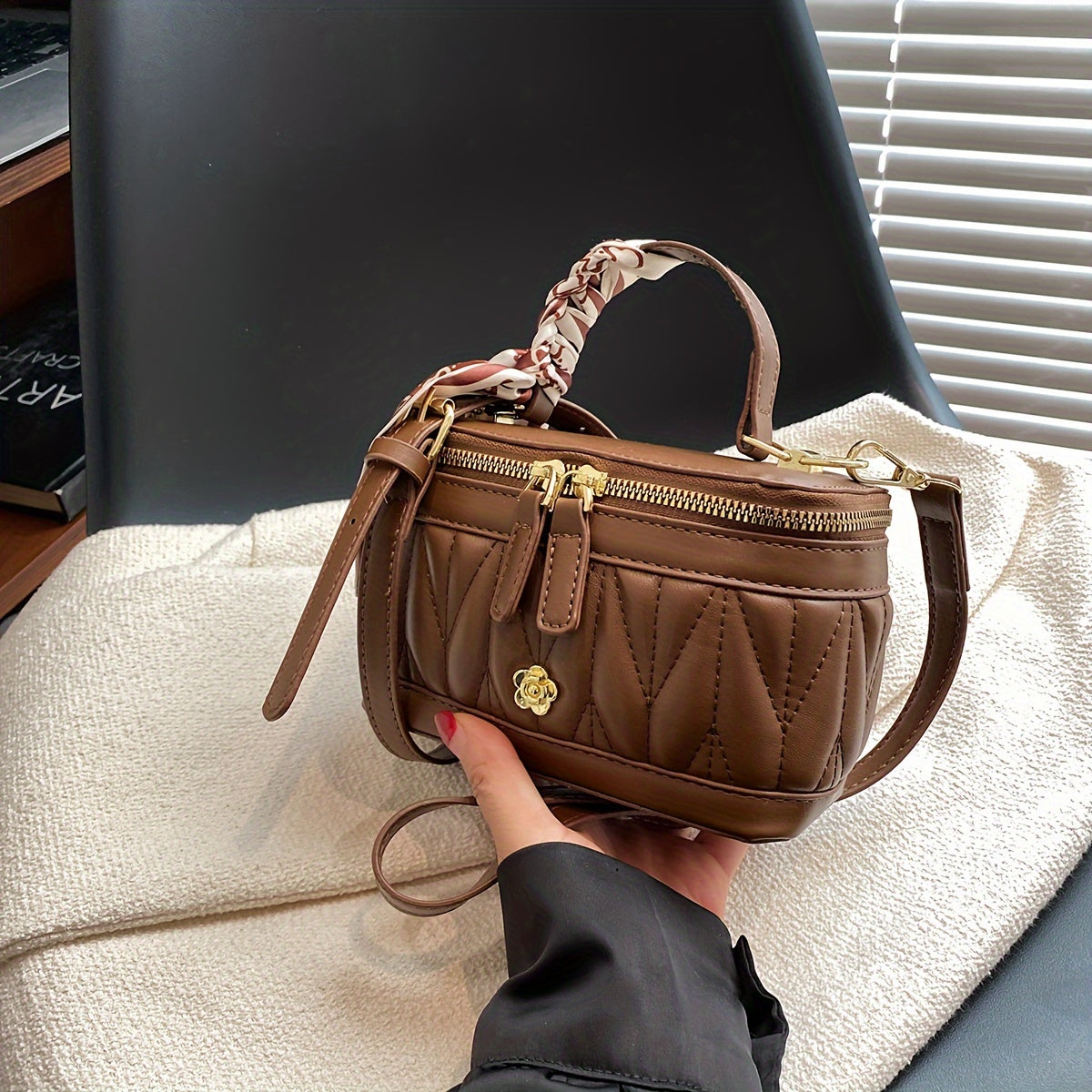 Quilted Box Handbag for Women with Contrast Crossbody Strap Black Coffee PU Embroidered Pattern