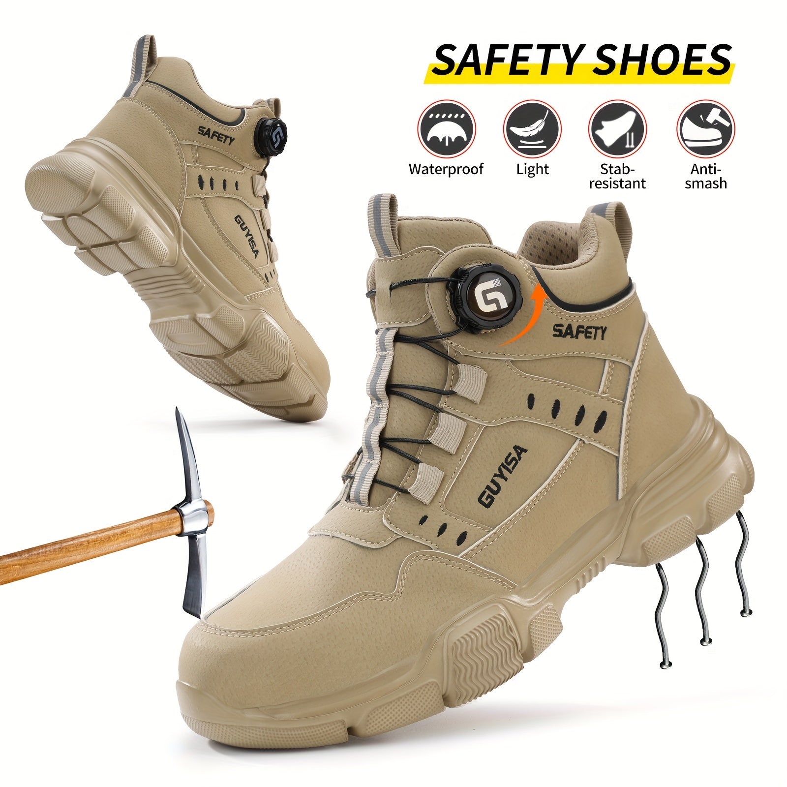 Men's Khaki Safety Shoes Steel Toe Anti-Smash Puncture High Top All-Season