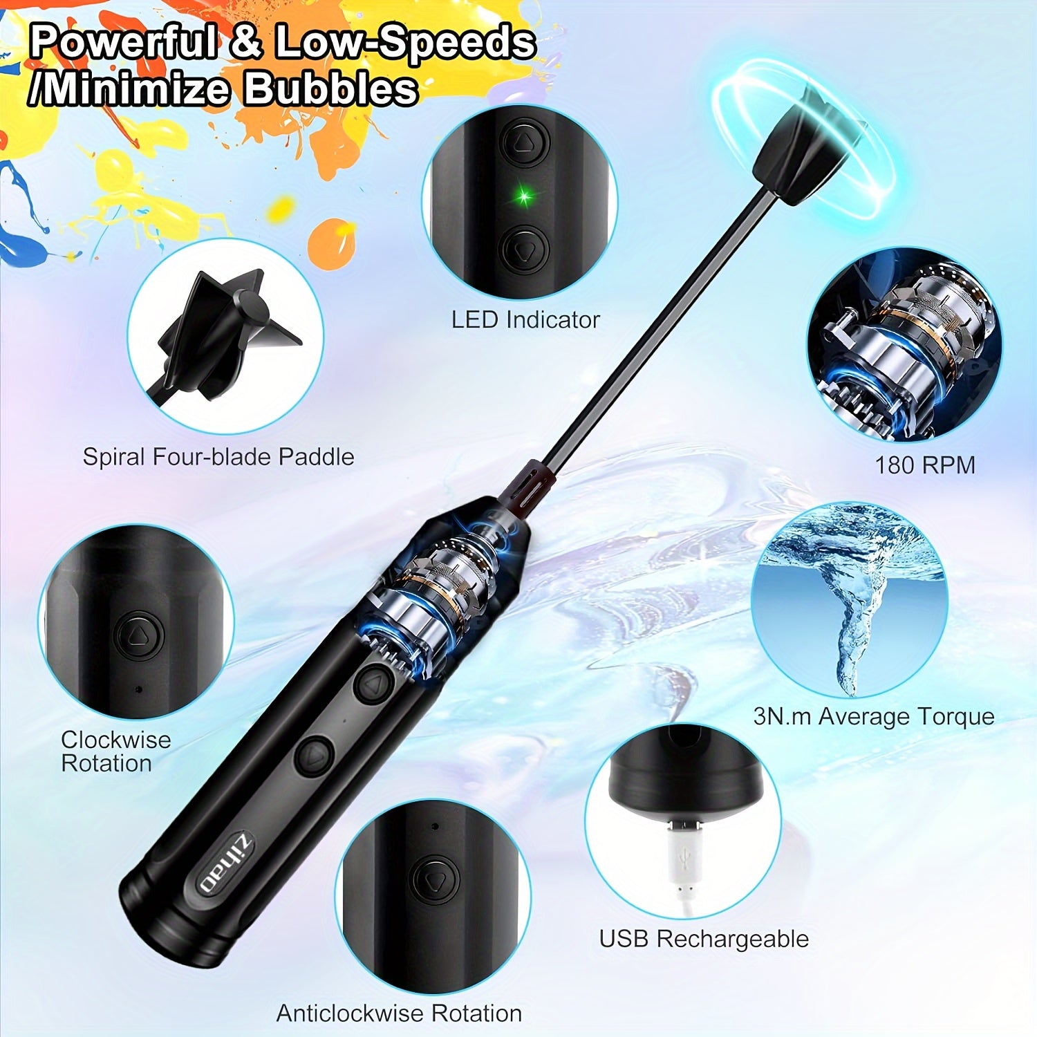 USB-заряжаемый смеситель для смолы с ручным дизайном и светодиодным индикатором, идеален для DIY-ремесел и смешивания смолы. Включает 1 лопатку для удобства использования.