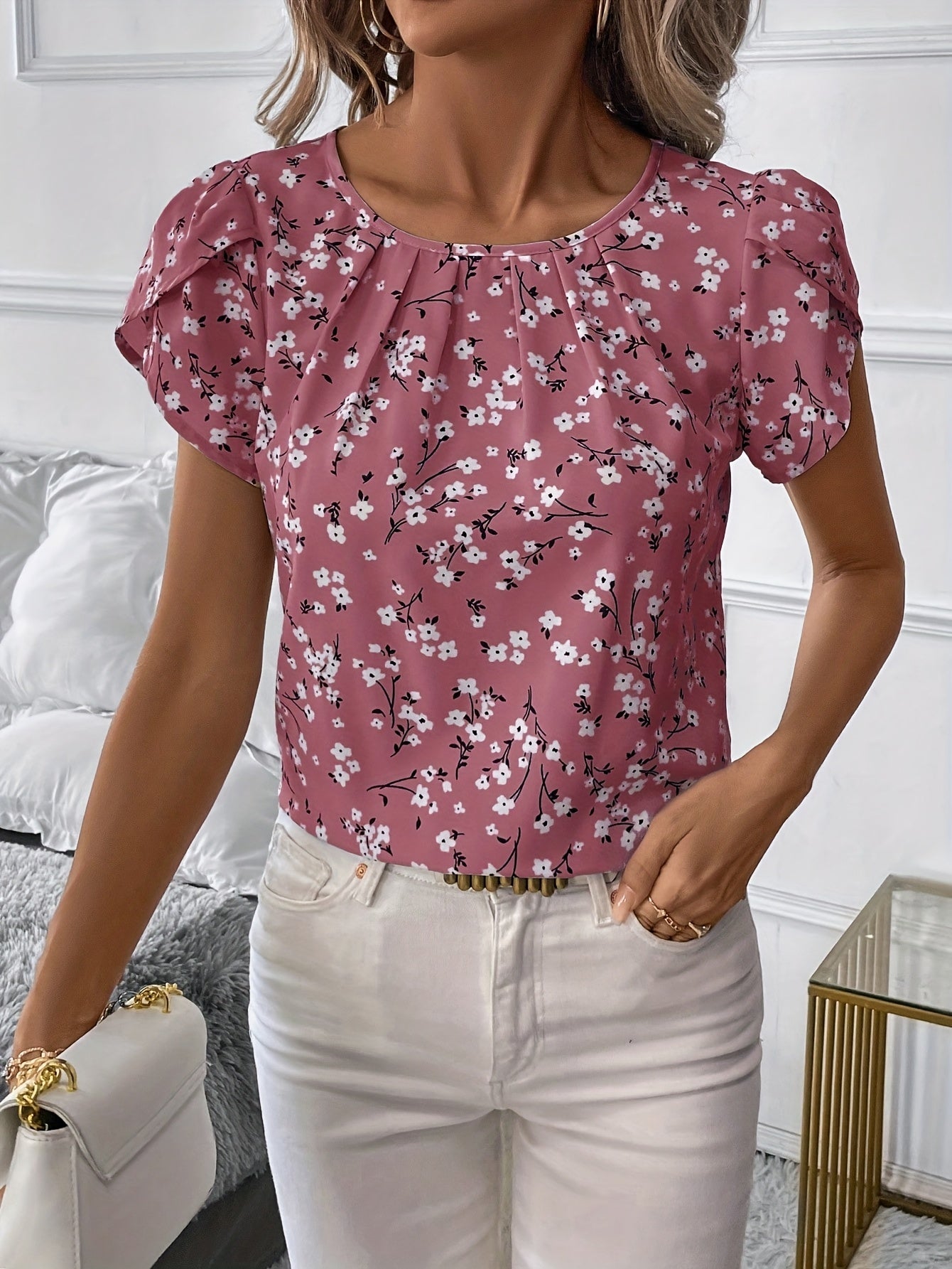 Plus Size Women's Floral Print Ruffled Blouse Casual Summer Shirts