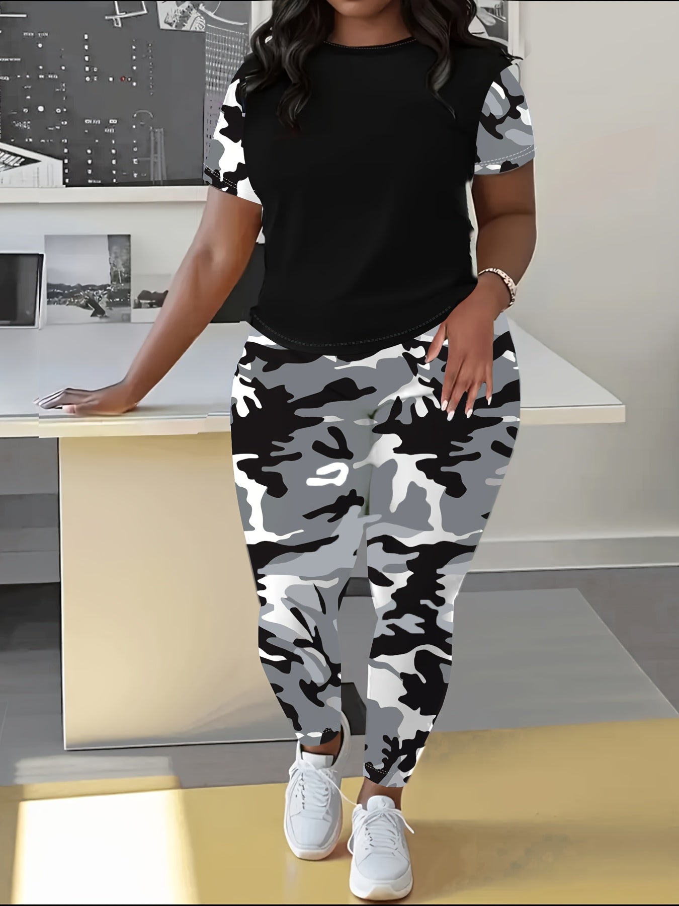 Women Camouflage Short Sleeve Wide Leg Pants Suit Large Size