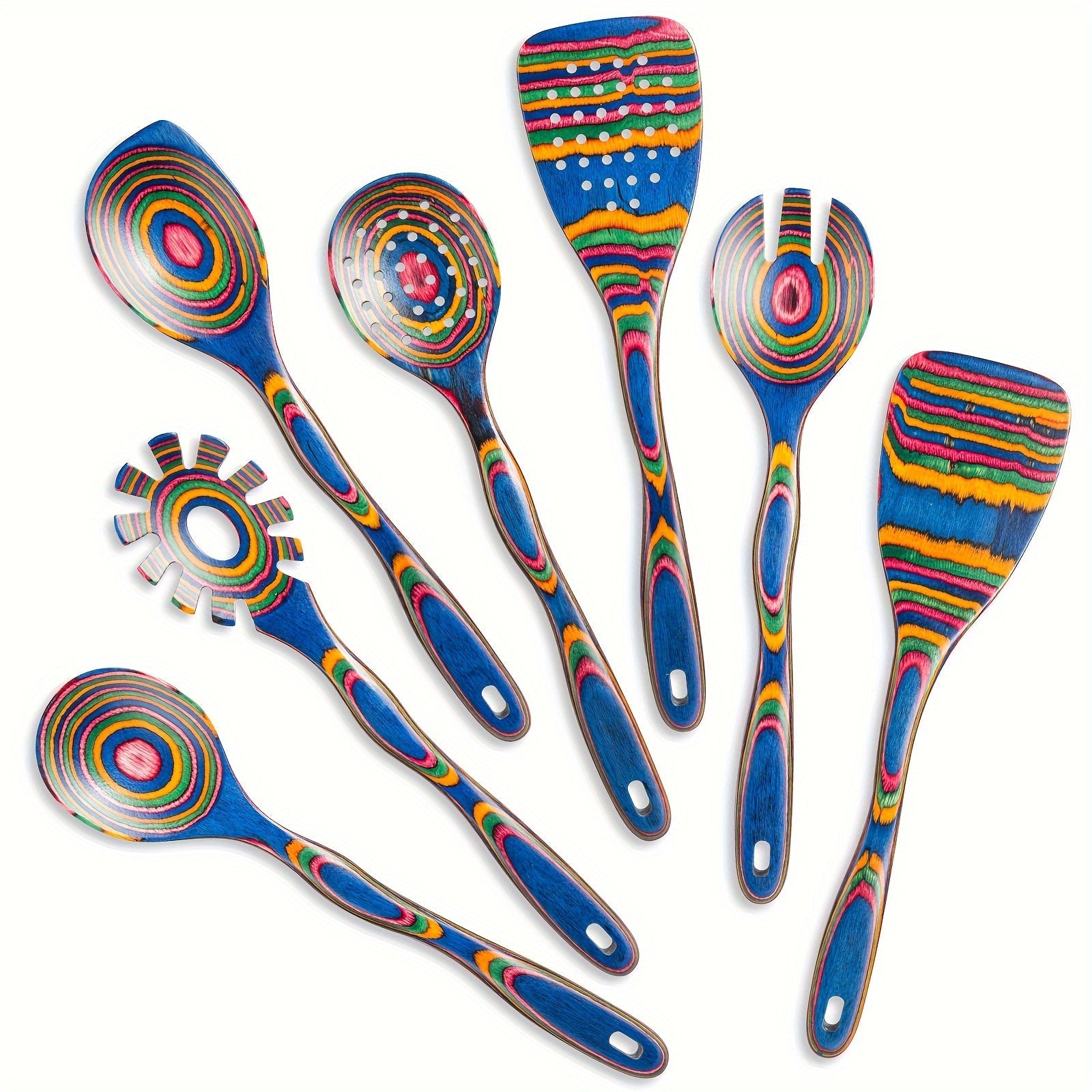 Wooden Kitchen Utensils Set 7-Piece Colorful Soup Spoons and Cooking Tools