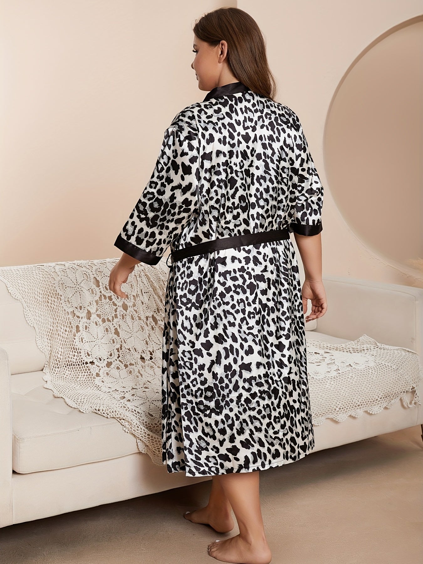 Plus Size Satin Leopard Print Sleep Dress and Robe Set for Women