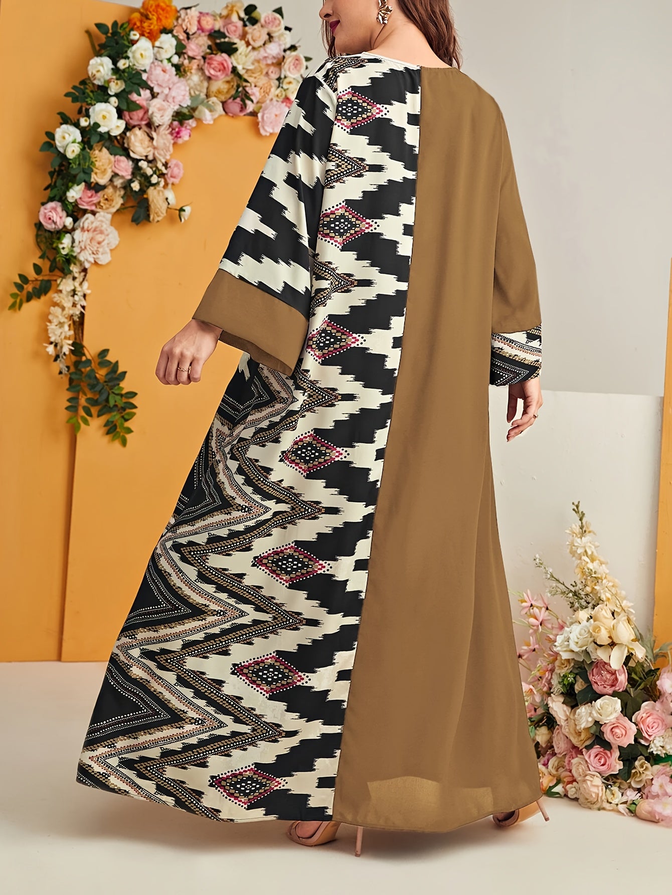 Plus Size Geometric Kaftan Dress Black Beige Houndstooth V-Neck Long Sleeve Flowing
