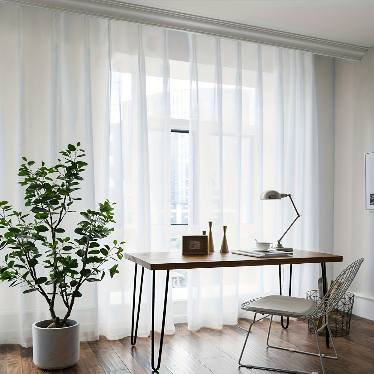 Set of 2 White Sheer Curtains with Cross Pattern for Living Room and Bedroom