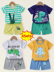 Kids Boys 4-Piece Casual Animal Print Outfit Set Cotton Summer T-Shirt Shorts