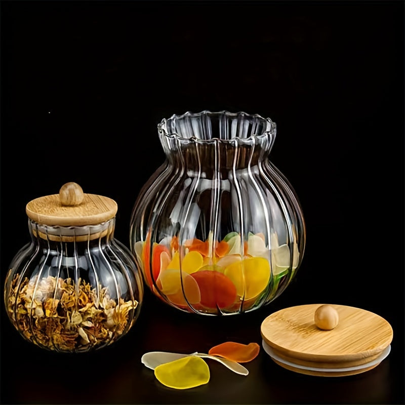 Glass Storage Jar With Bamboo Lid, Striped, for Tea Snacks and Seasonings