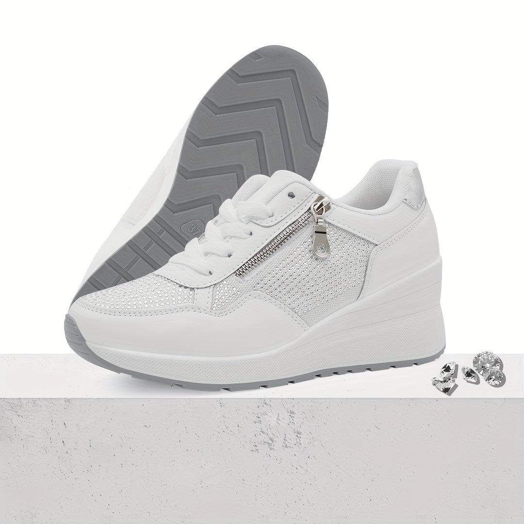 Ladies' Non-Slip Lace-Up Casual Sports Shoes with Zipper and Sequins