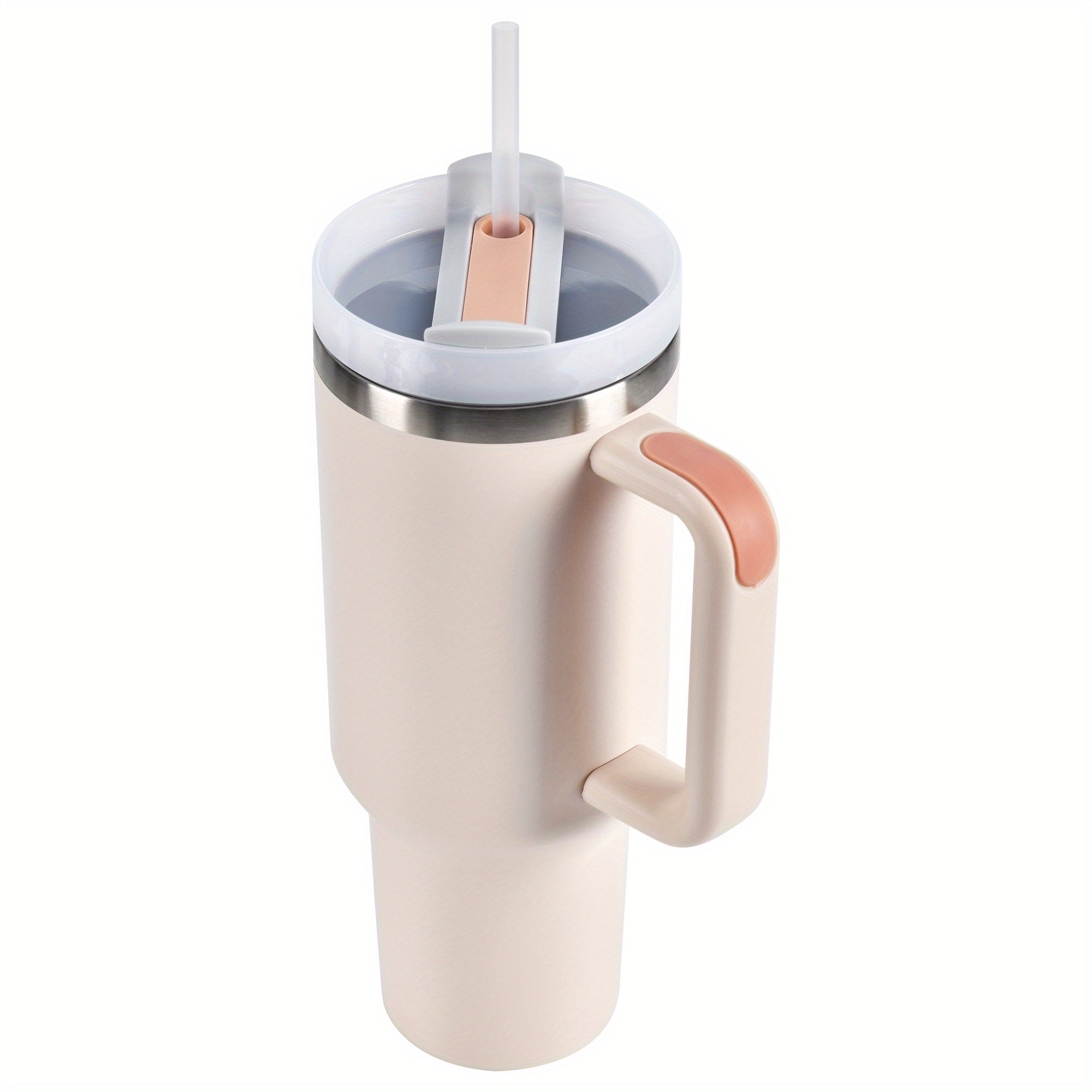Taza de viaje de acero inoxidable de 40oz con tapa, pajilla, asa, aislamiento al vacío, apta para lavavajillas, gris claro, rosa, marfil, blanco