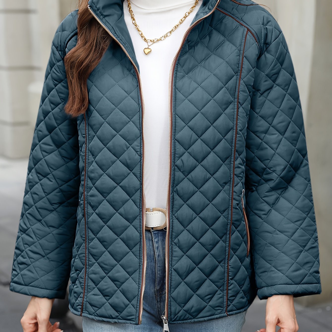 Women's Plus Size Quilted Outerwear with Stand Collar Zipper Long Sleeve Fall Winter
