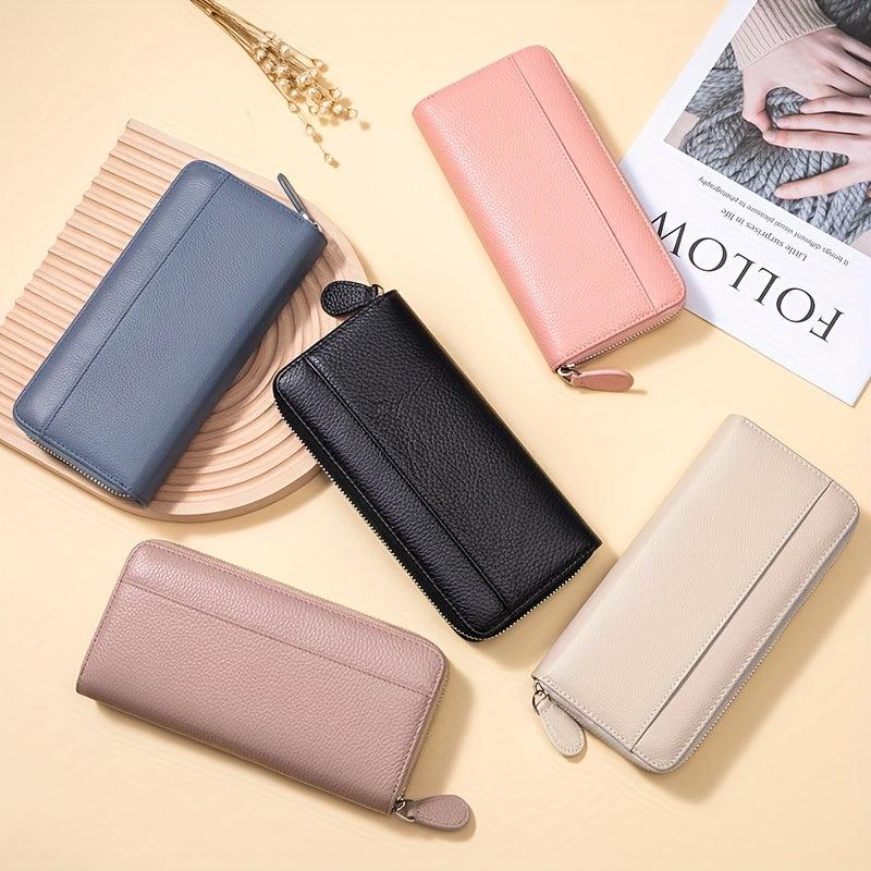 Ayollar uchun haqiqiy charm RFID o'g'irlikka qarshi uzun fermuarlı hamyon, 19 ta karta joyi, 1 ta tangalar cho'ntagi va 5 ta naqd pul joyi bilan.