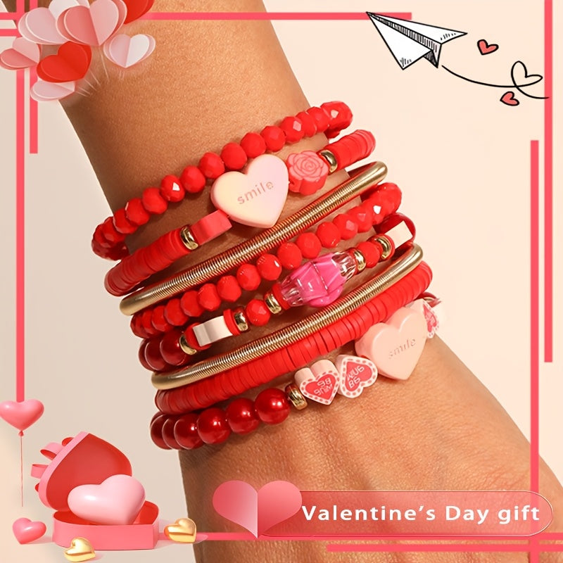Red Beaded Bohemian Heart Bracelet for Women Valentine's Day Jewelry Multi-Layered