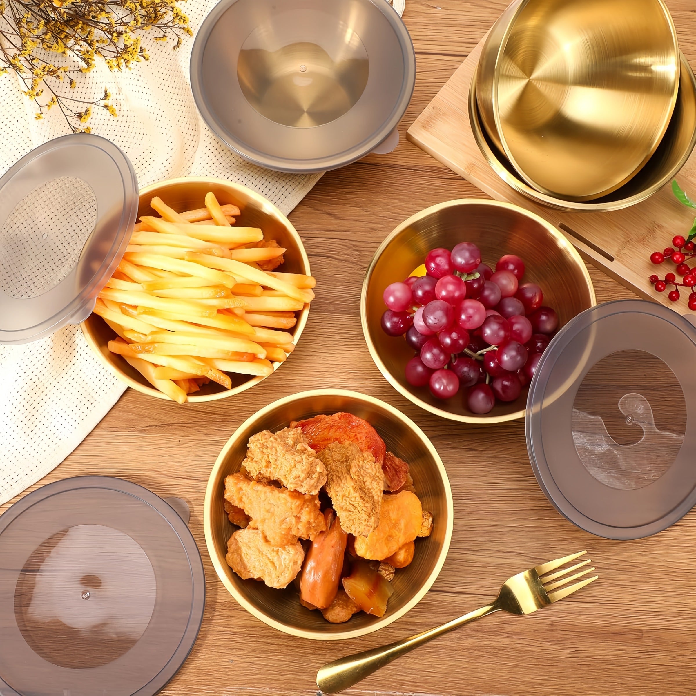 4pcs Gold Stainless Steel Mixing Bowls with Airtight Lids 17cm Salad Fruit Soup