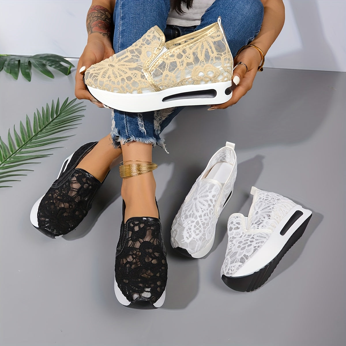 Zapatillas slip-on con bordado floral para mujer, transpirables, de malla, zapatos casuales