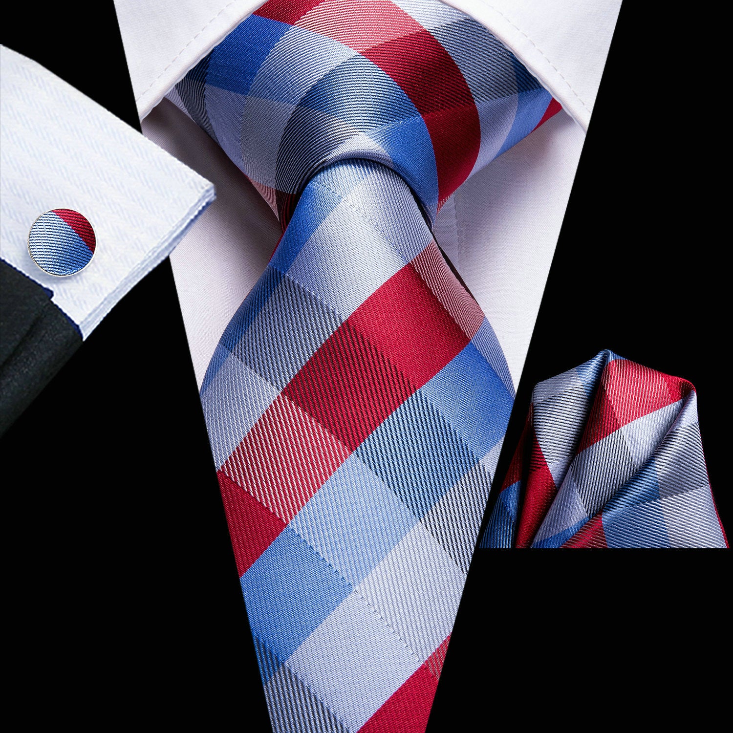 Men's Plaid Necktie Set with Hanky and Cufflinks for Weddings Business and Parties
