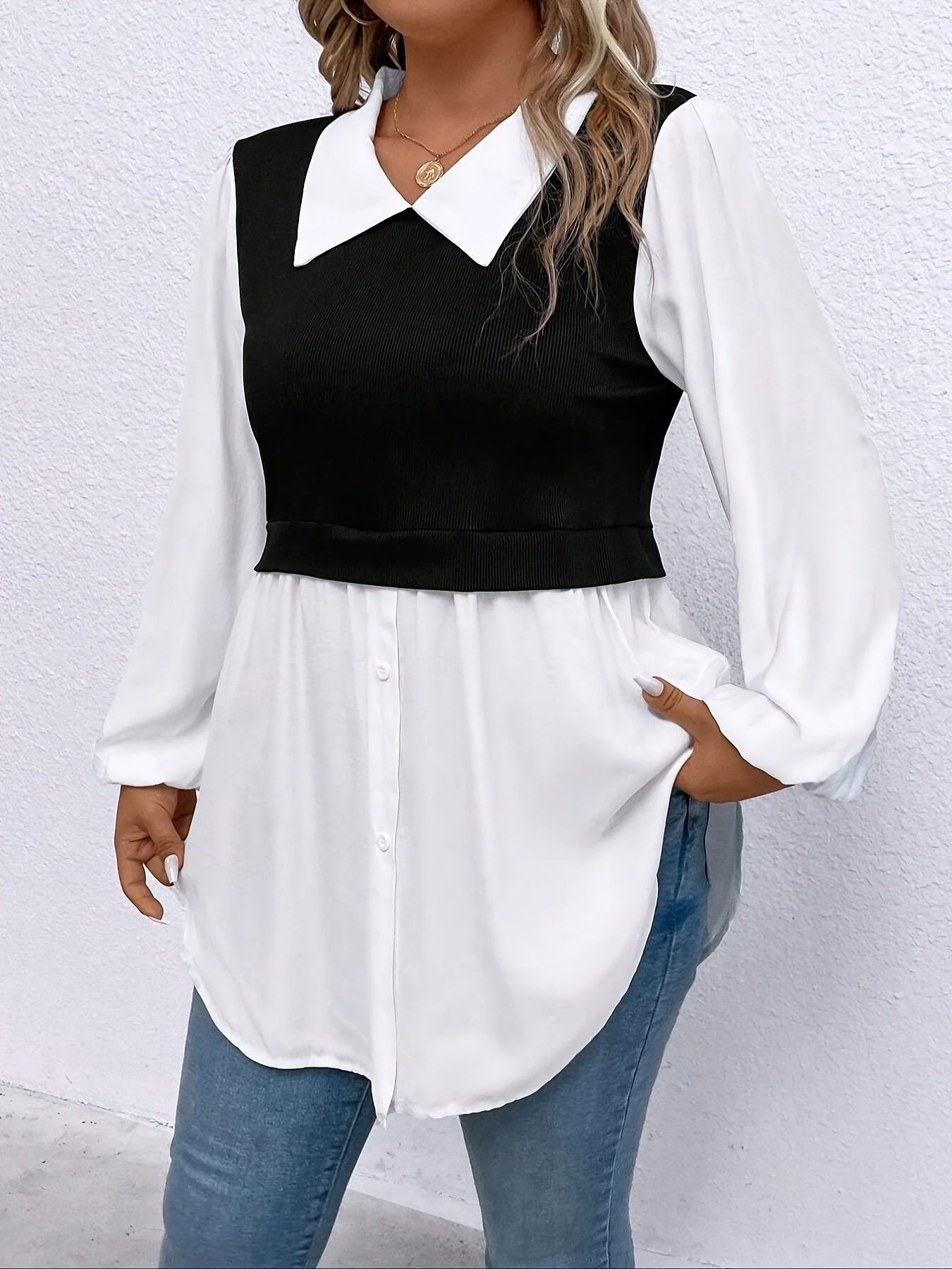 Plus Size Colorblock 2-in-1 Blouse Long Sleeve Lapel Casual Spring Fall