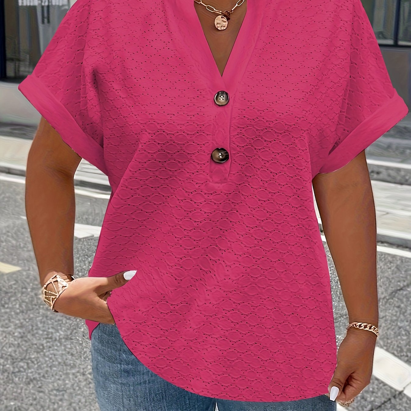 Women's Black Button-Front T-Shirt with Stand-Up Collar Casual Top