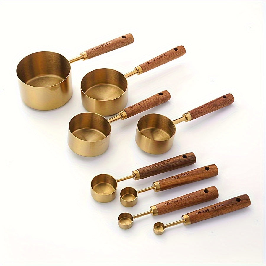 Set of 4 Stainless Steel Measuring Cups and Spoons with Wooden Handles