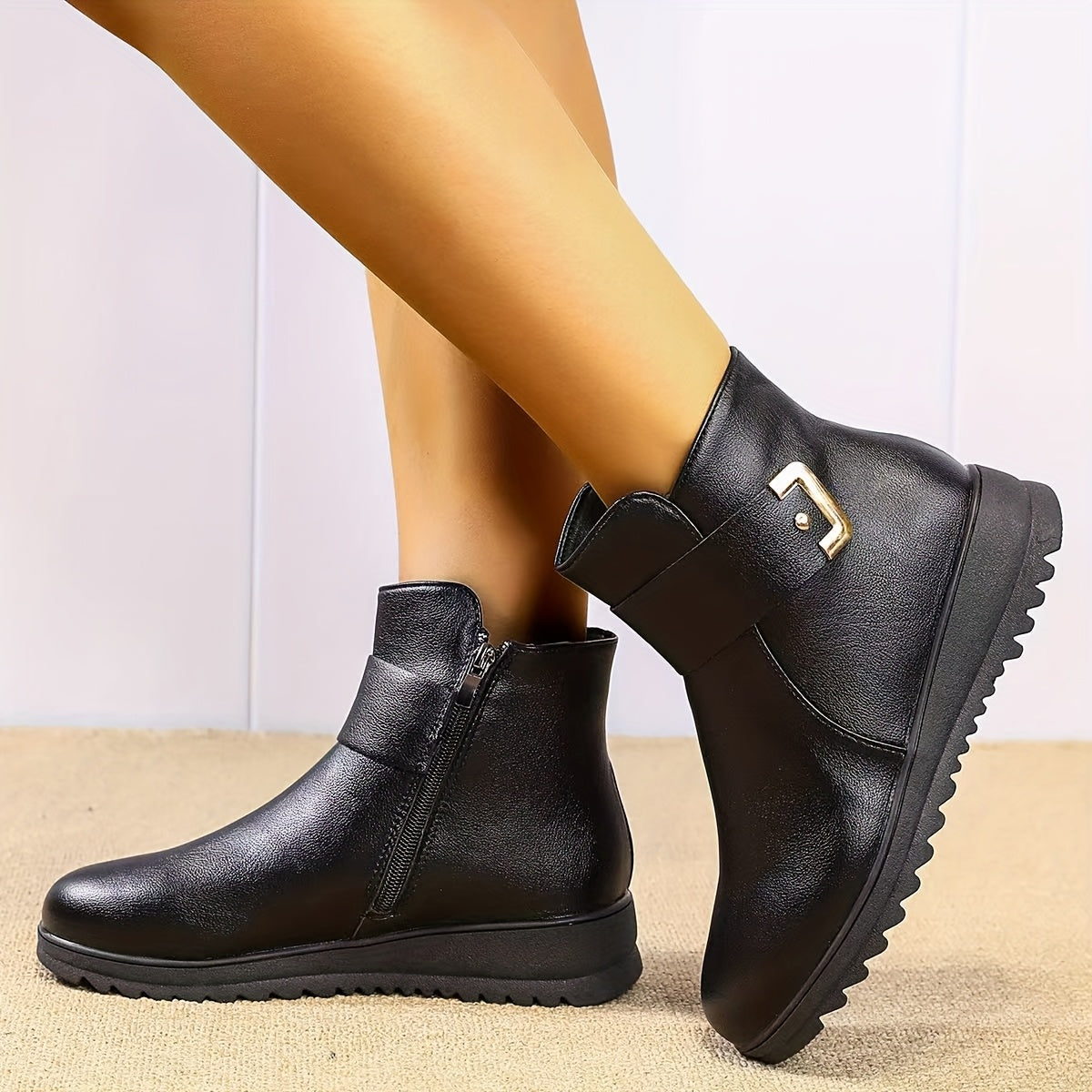 Women Black Wedge Heel Ankle Boots with Side Zipper and Buckle
