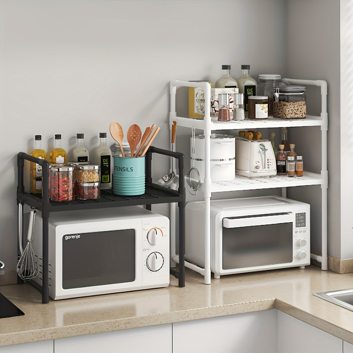 Estantes de cocina de plástico con diseño ajustable y organizador de despensa extraíble