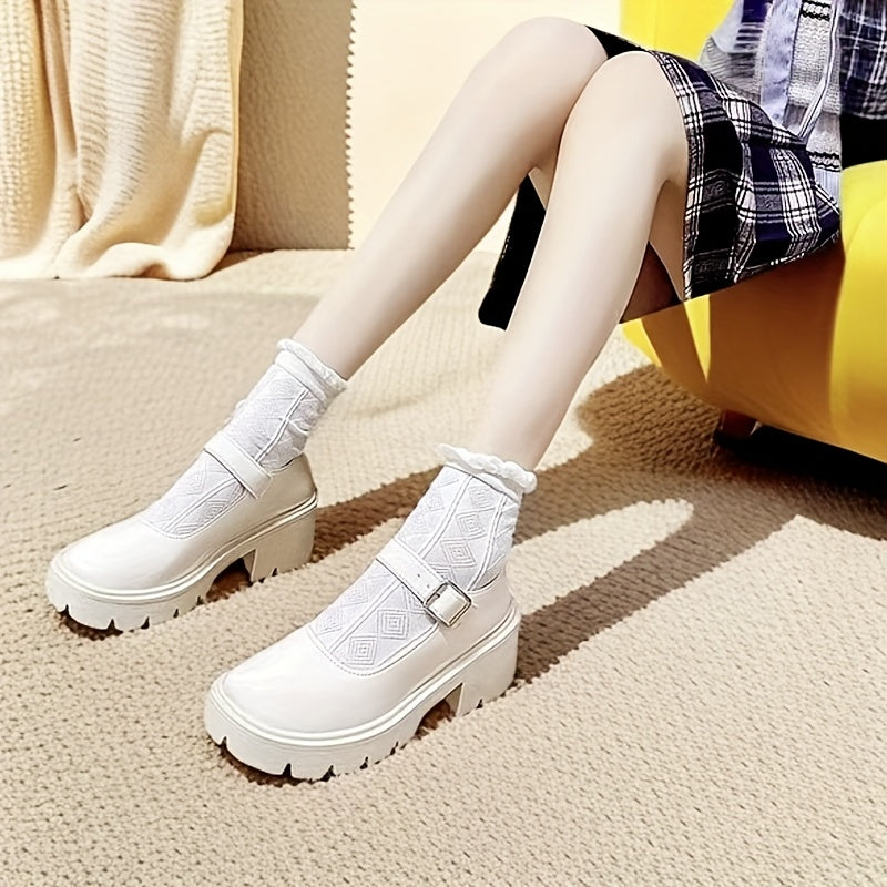 Women Vintage Mary Jane Shoes Thick Sole High Heels Evening Wear
