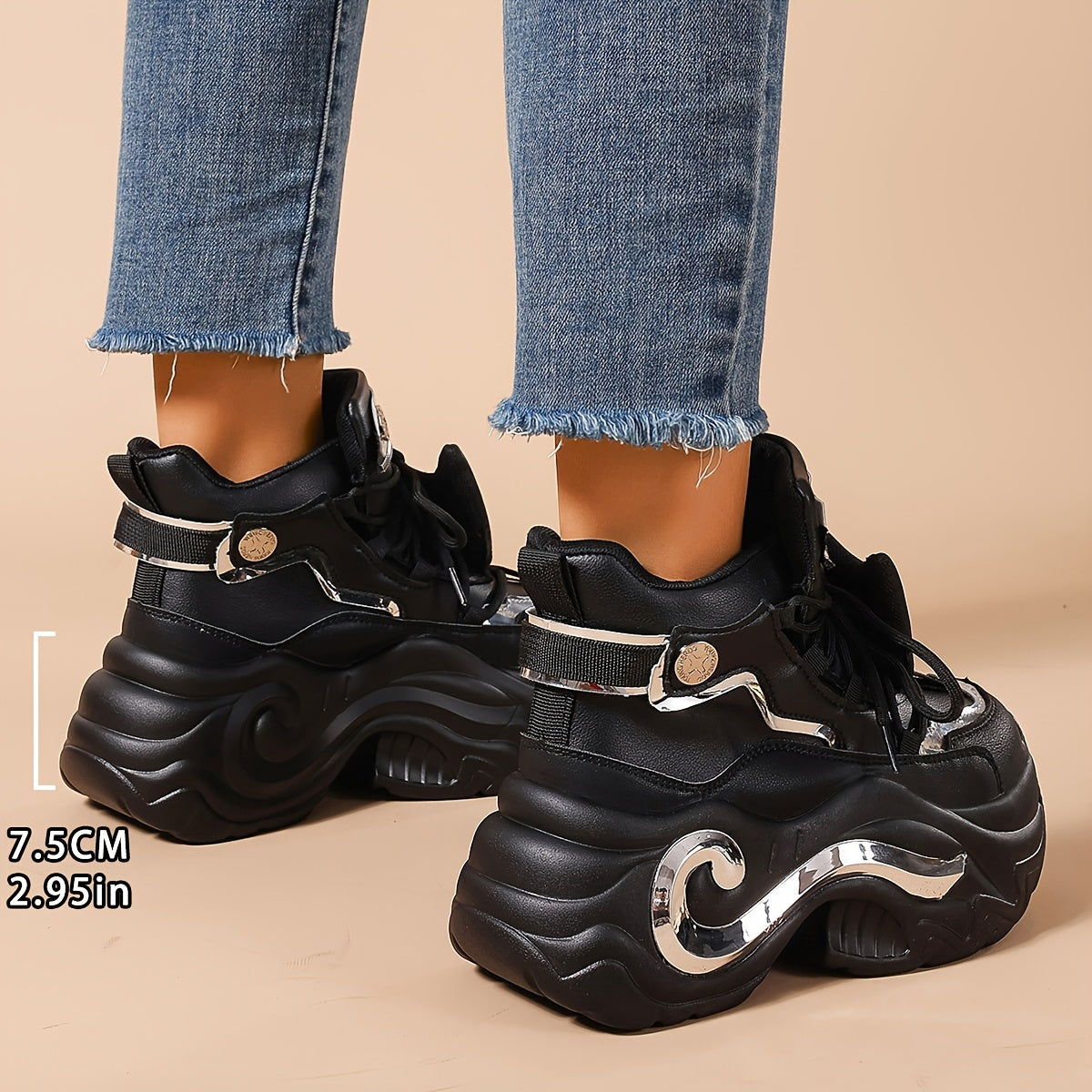 Women's Chunky Platform Sneakers High-Top Lace-Up White Casual Shoes