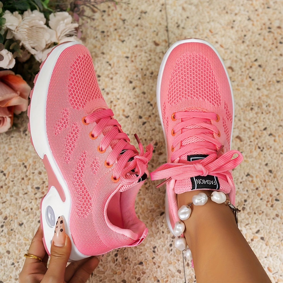 Women's Breathable Running Sneakers with Air Cushion Low-Top Tennis Shoes Black Pink