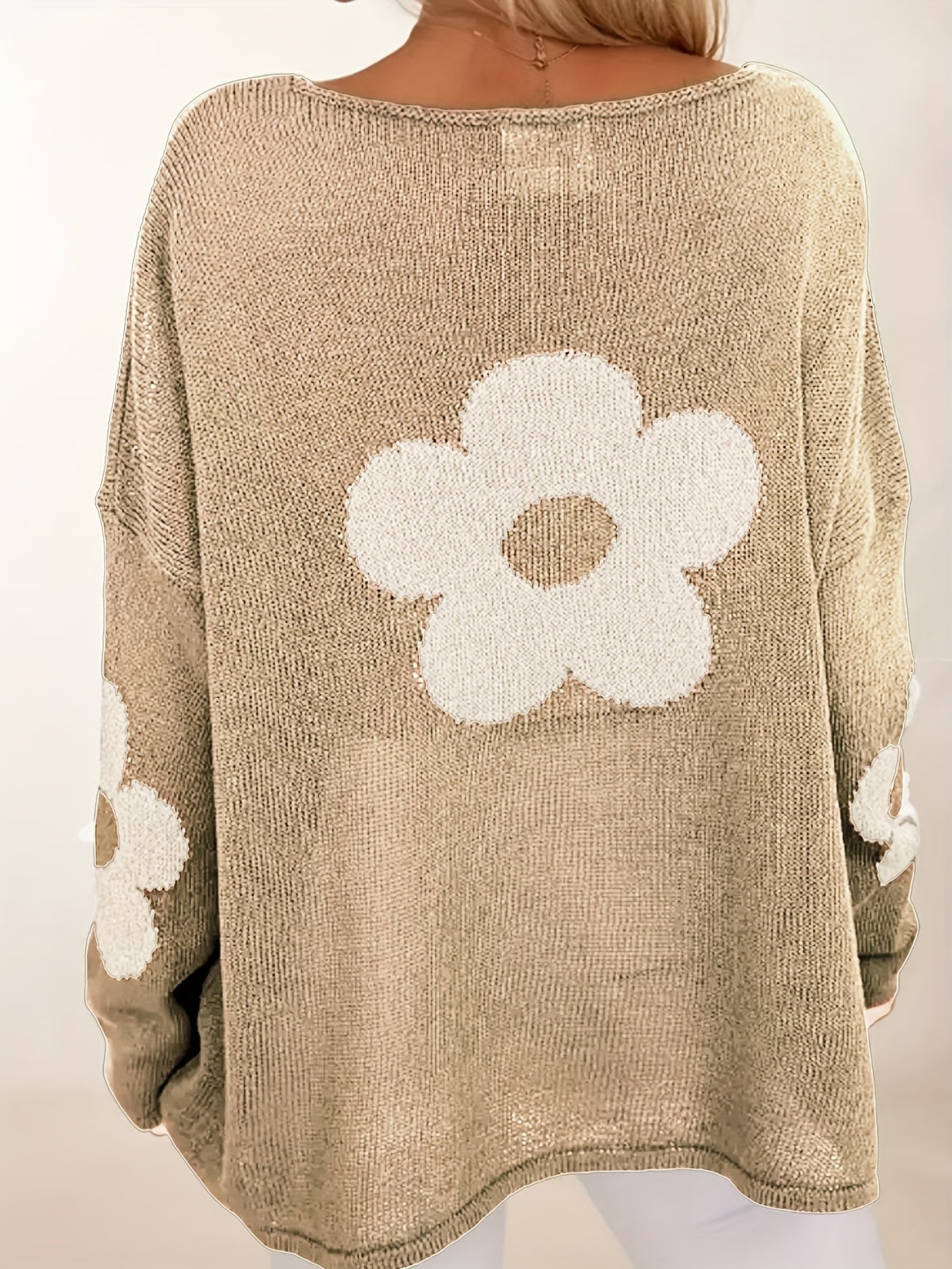 Suéter de punto floral de talla grande para mujer, suave y con estiramiento, top de manga larga