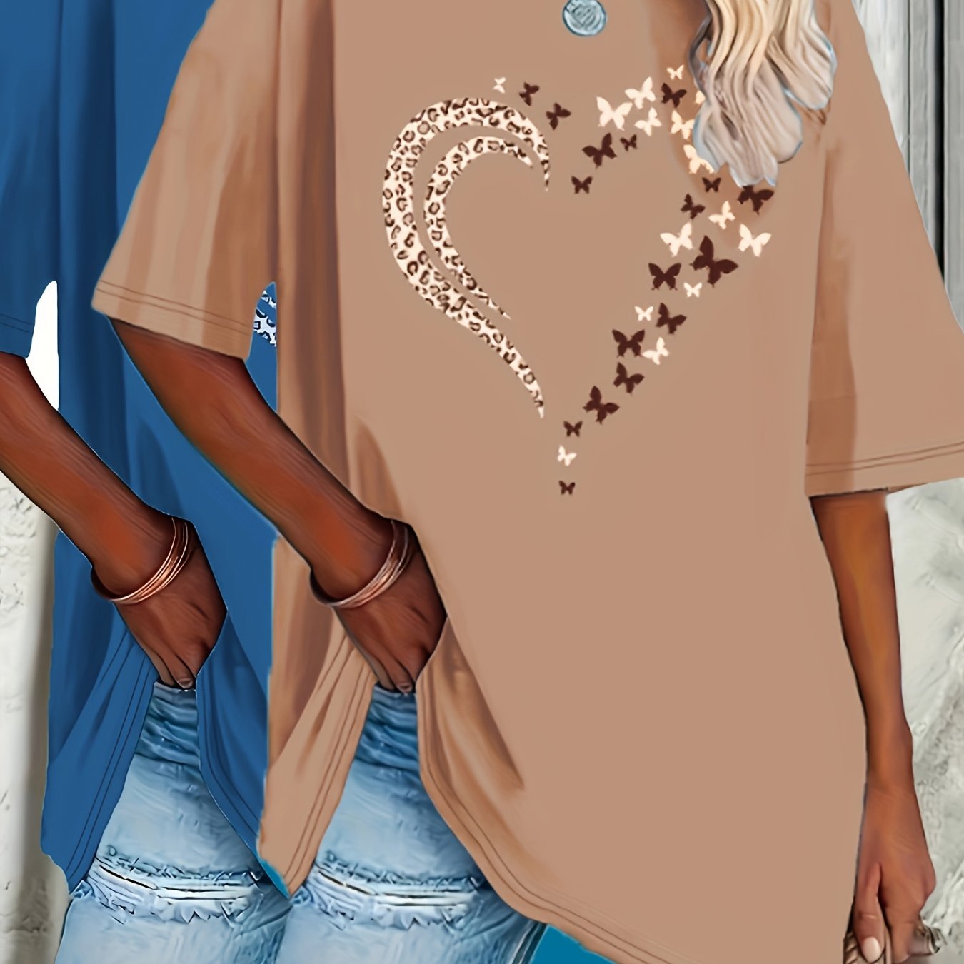 Women's Oversized Short Sleeve T-Shirts Set Heart Print Spring Summer Loose Fit