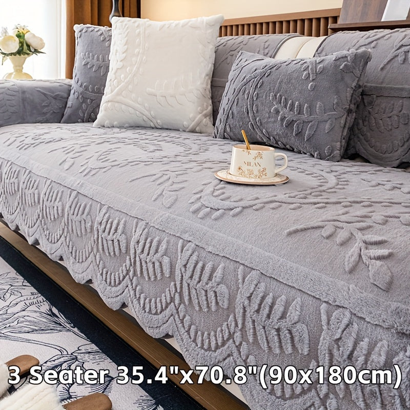 Beige Faux Rabbit Fur Sofa Cover for 1-4 Seaters with Floral Leaf Pattern Non-Slip Washable