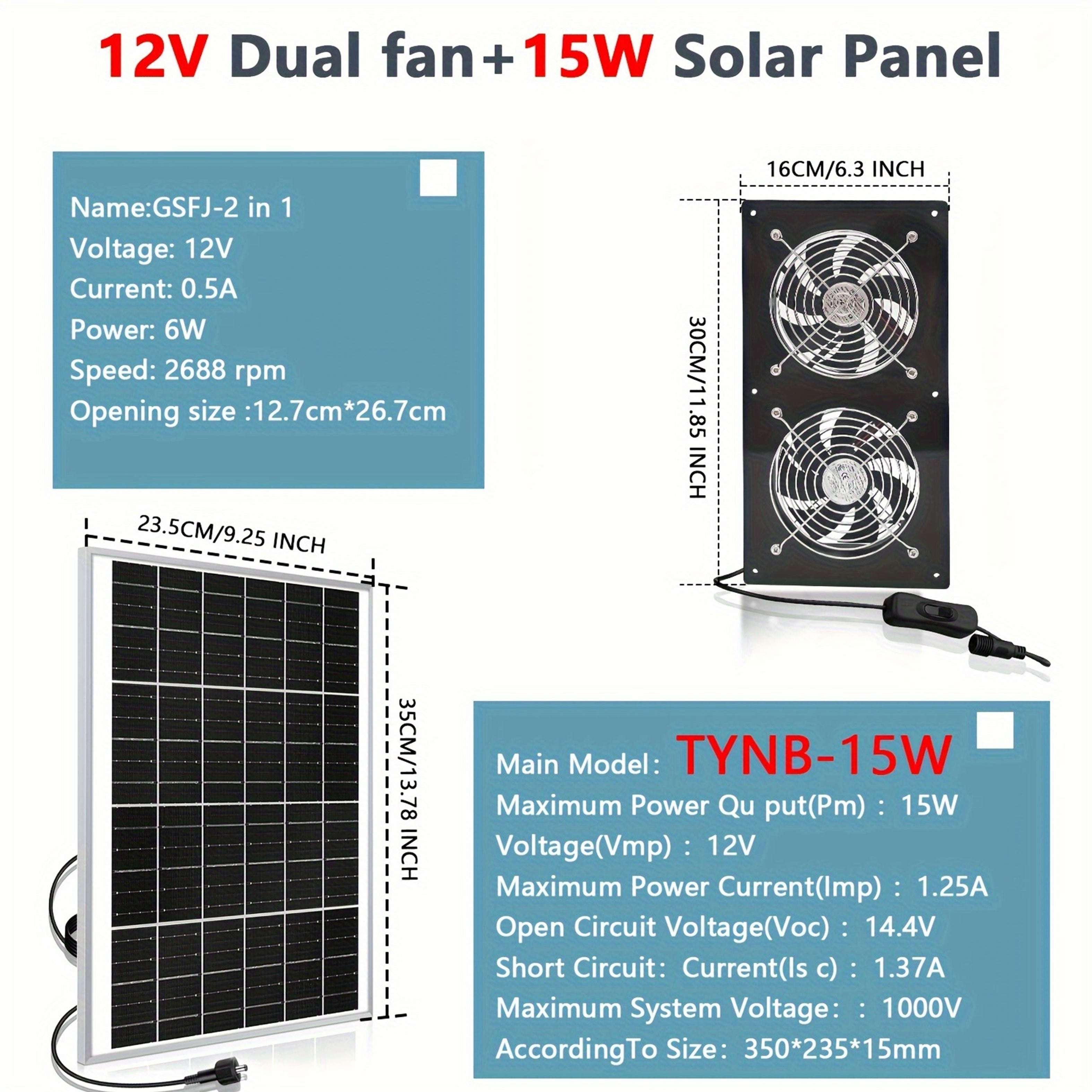 Panel solar de 15W con 2 ventiladores de escape de alta velocidad para áticos, cobertizos, caravanas y gallineros