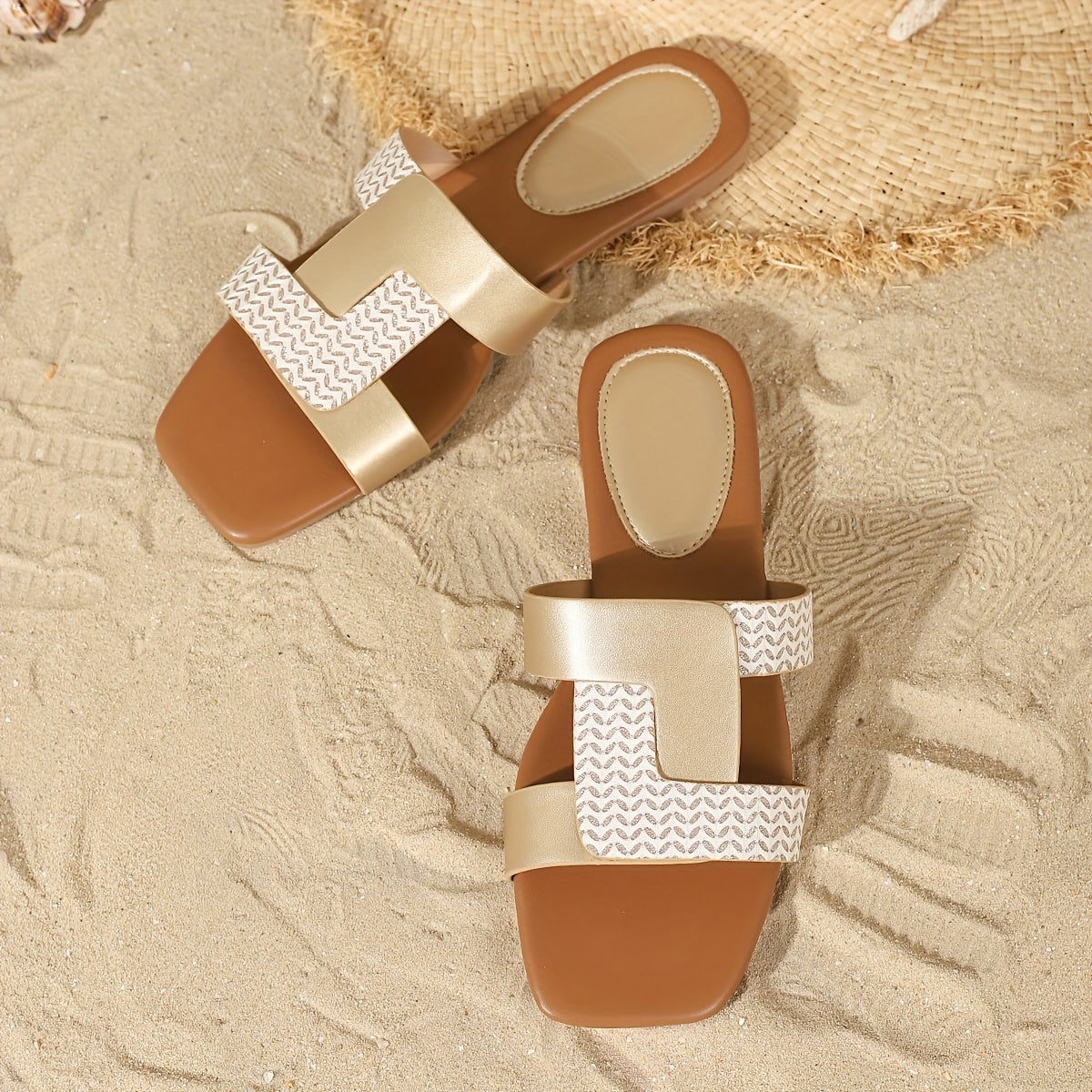 Women's Square-Toe Slide Sandals Two-Tone Gold and White Casual Summer