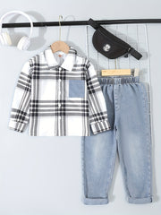 Boys' Casual Plaid Denim Shirt and Jeans Set Lightweight Polyester for Spring Fall