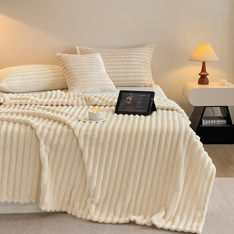 Ultra-Soft Faux Rabbit Fur Throw Blanket with Stripes, Machine Washable, Non-Shedding