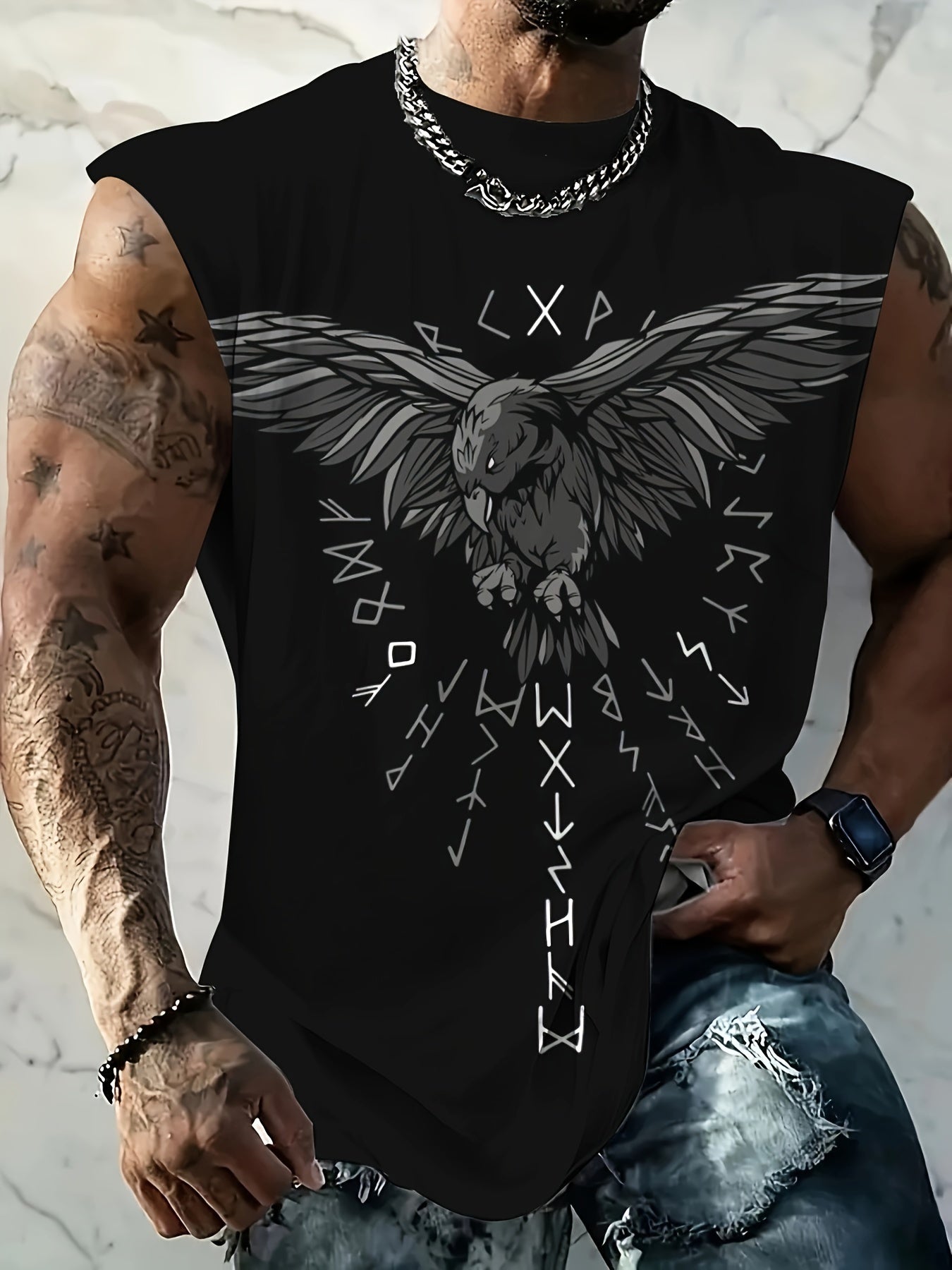 Erkaklar uchun keng kesimli, yengsiz T-ko'ylak, qora rangda, oddiy moslashuv, to'qilgan mato, 95% polyester, 5% spandeks, katta o'lcham.