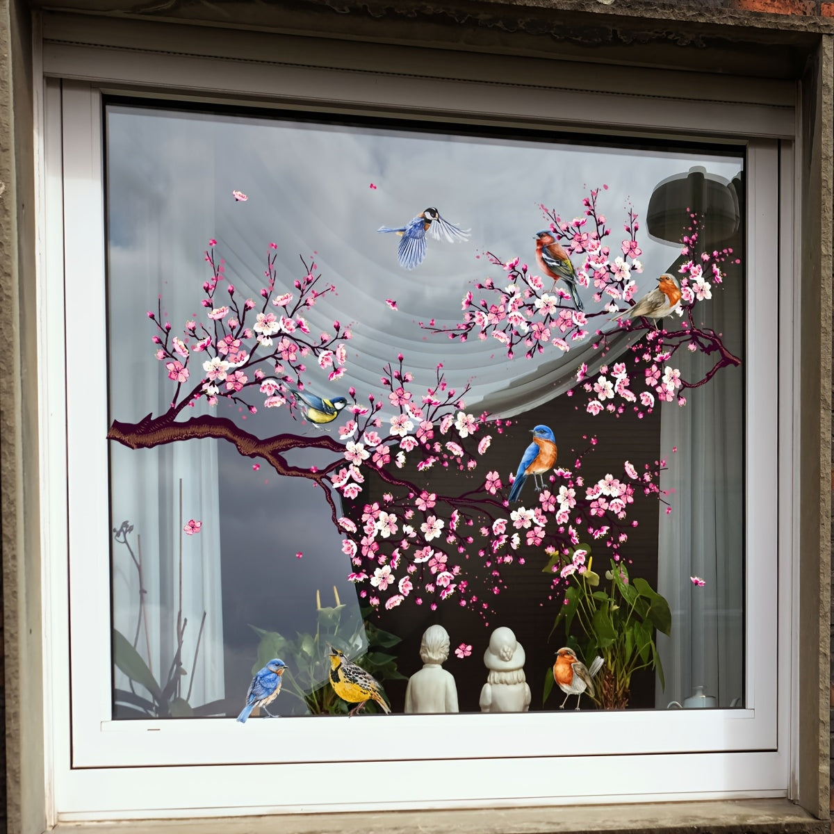 Dual-Sided Pink Floral Bird Glass Window Clings Reusable Decorative Stickers