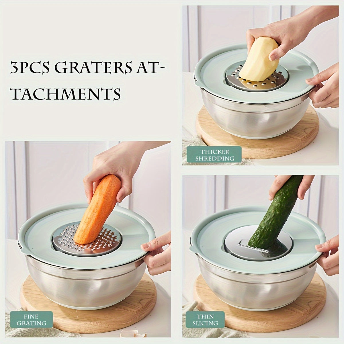 Set of 6 Stainless Steel Mixing Bowls with Lids and Nested Graters Non-Slip Silicone Bottoms