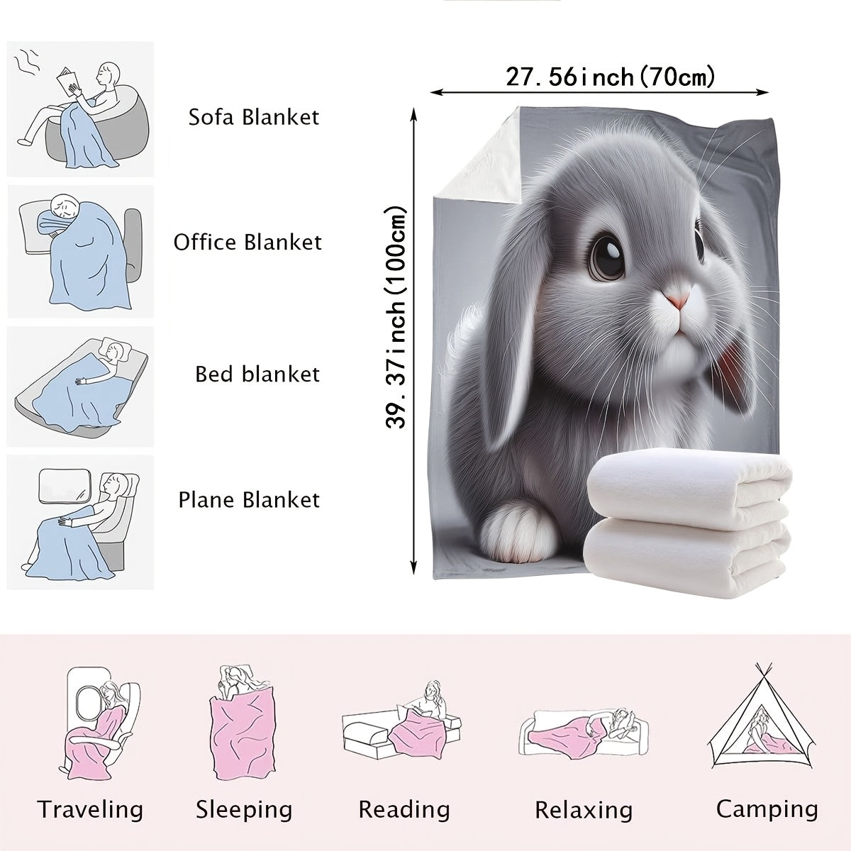 Gray Plush Rabbit Blanket Soft 3D Cartoon Cuddle Throw for Couch Bed Car