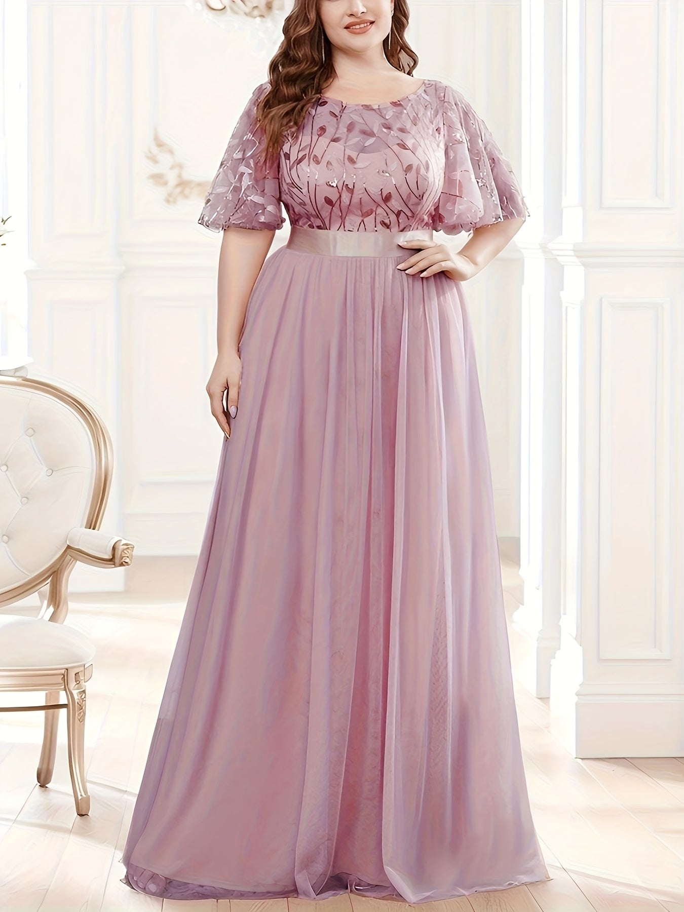 Women's Plus Size Evening Mesh Spliced Round Neck Dress