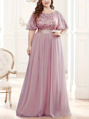 Women's Plus Size Evening Mesh Spliced Round Neck Dress