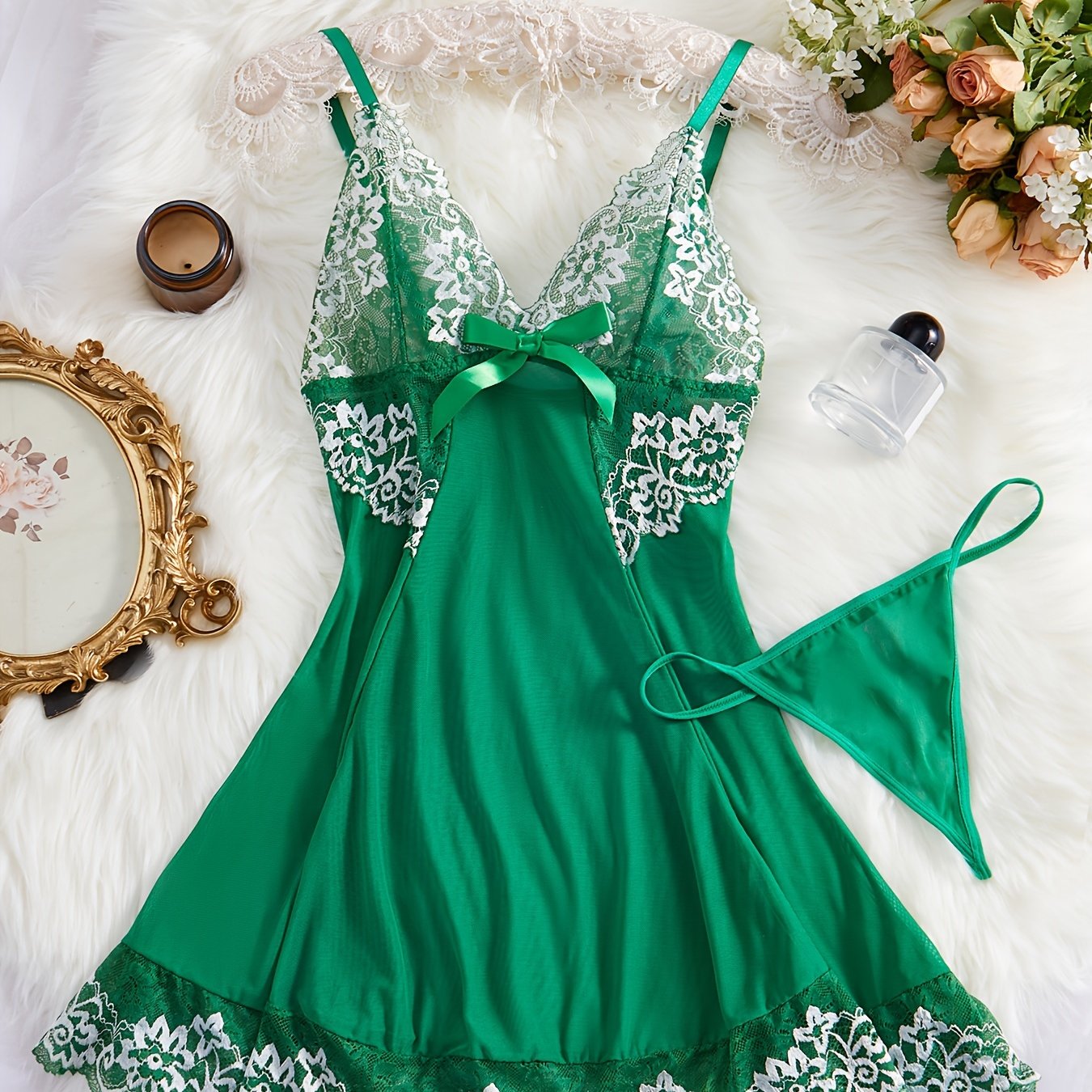 Women's Backless Nightdress with Thin Straps and Charm Design Including Thong