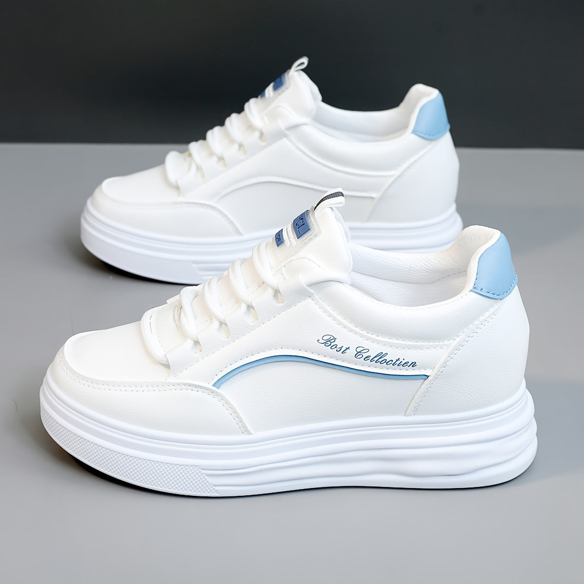Women's White Lace-Up Sneakers with Thick Soles Water-Resistant Casual Shoes