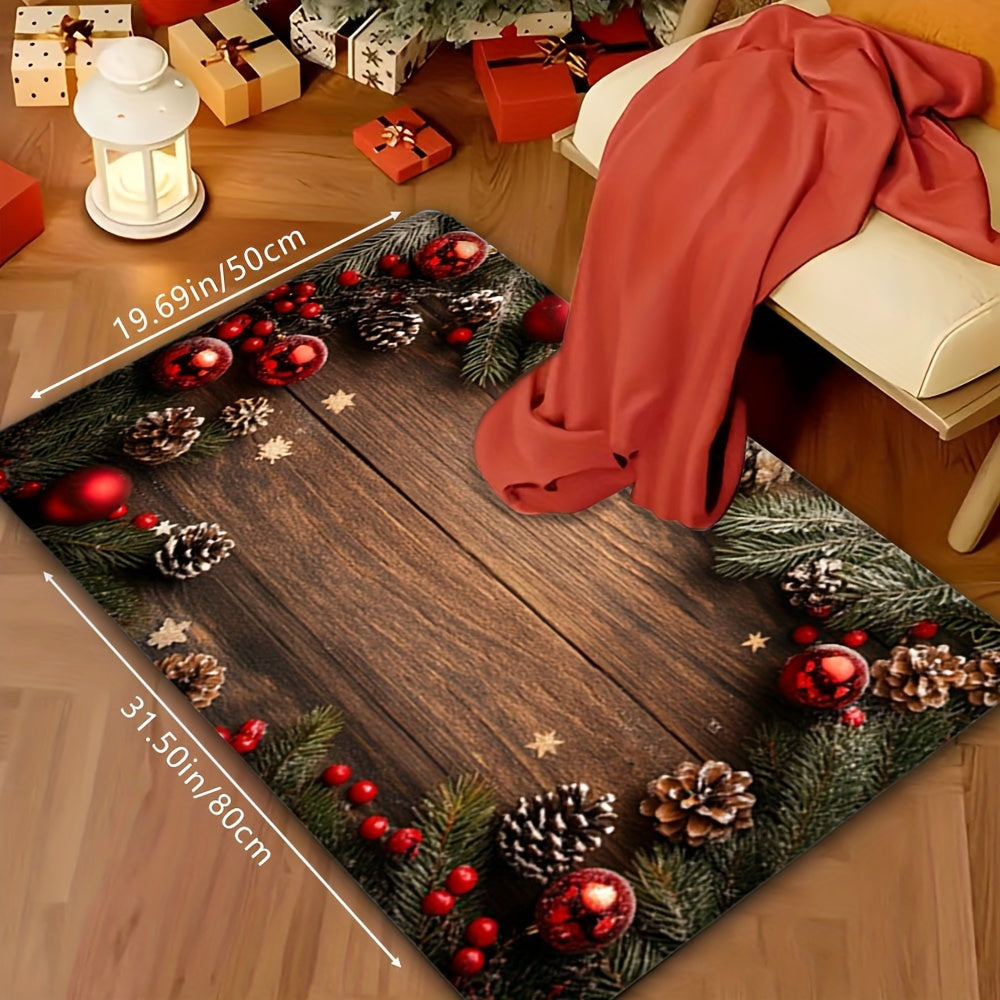 Alfombra decorativa antideslizante para las vacaciones de invierno con árboles de pino, copos de nieve y textura de madera falsa