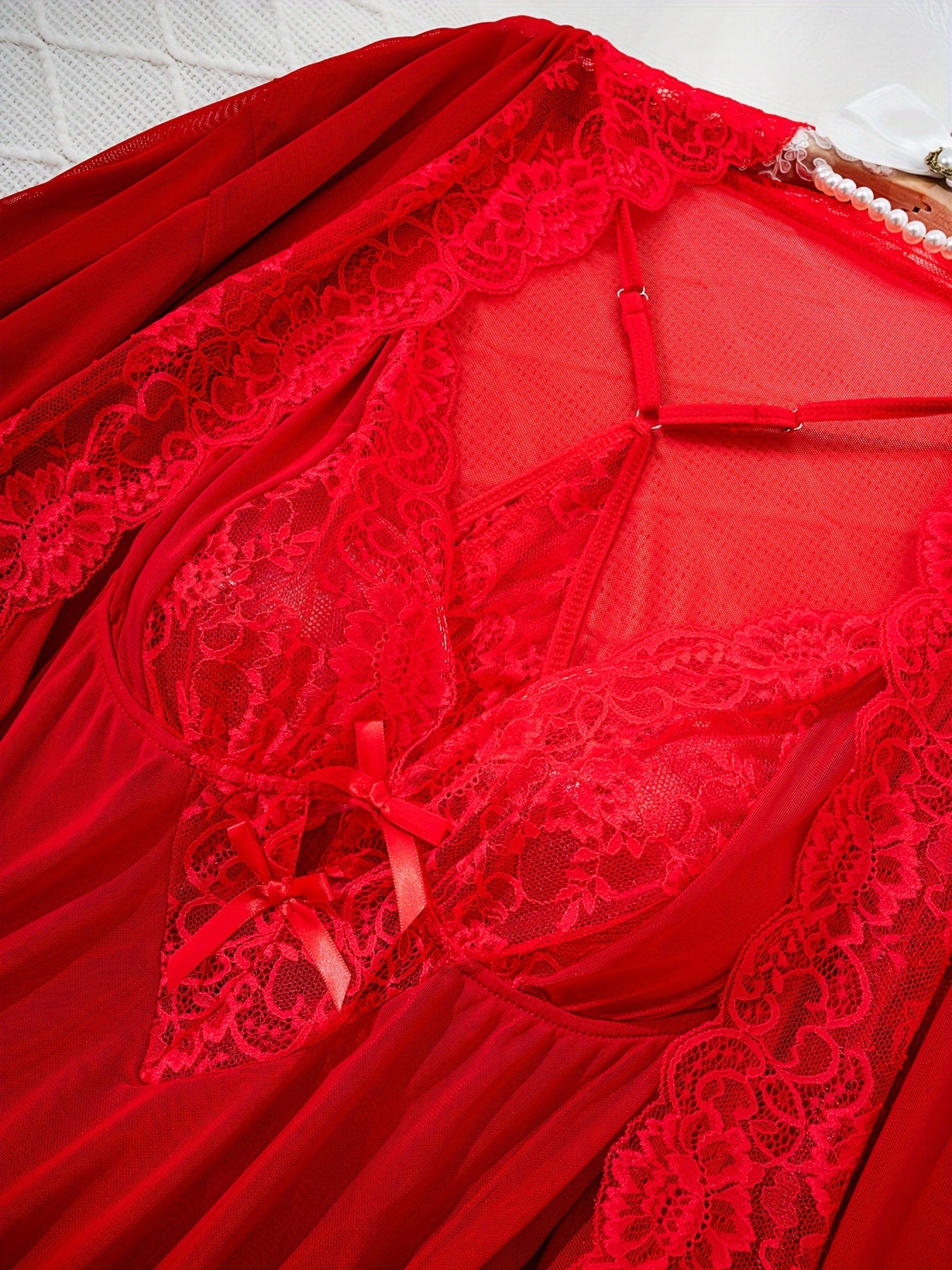 Women's Red Lace-Trimmed Semi-Sheer Lingerie Set with Robe and Slip Dress
