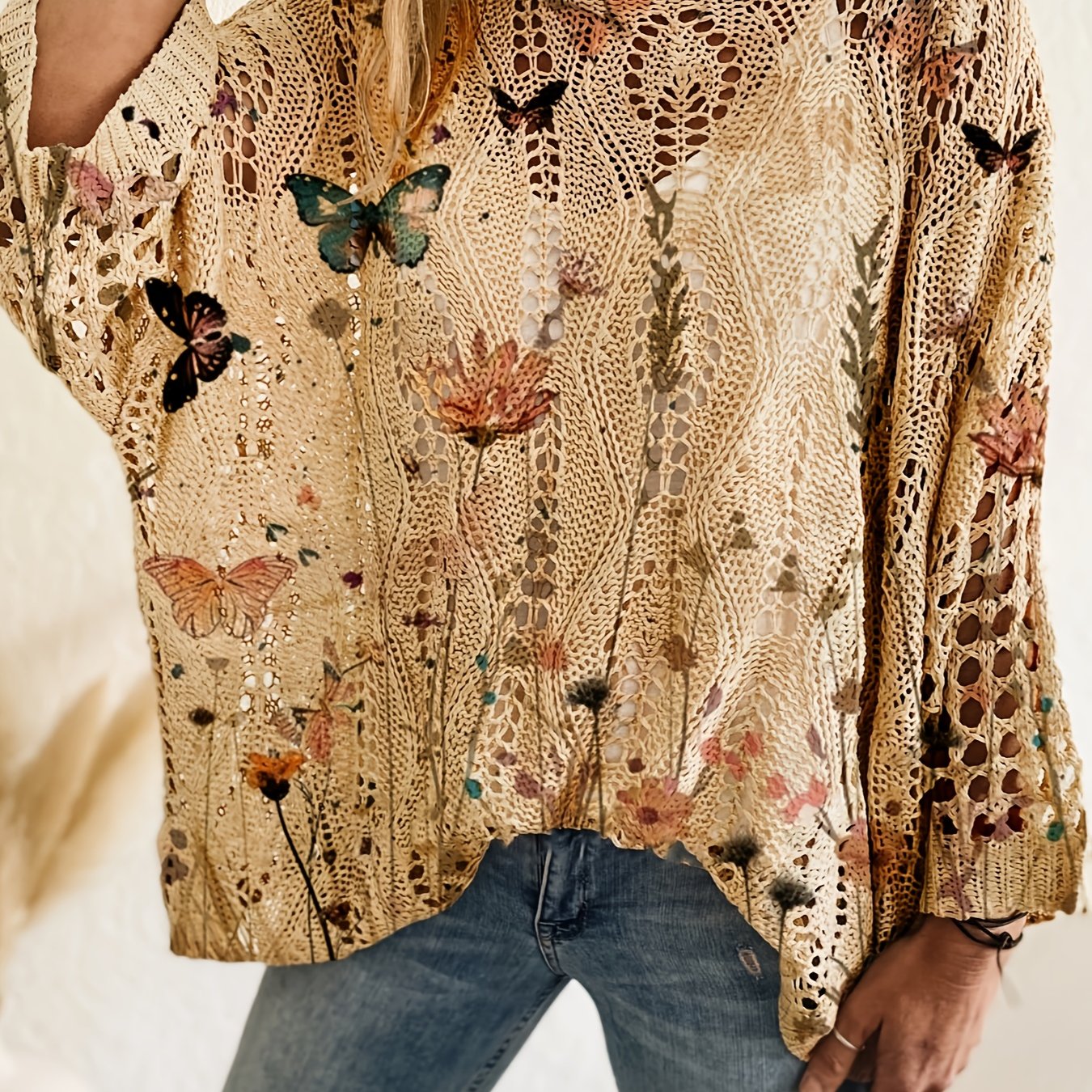 Ayollar uchun gulzorli off-shoulder kofta, uzun qoʻl, batwing fit, kundalik yozgi kiyim