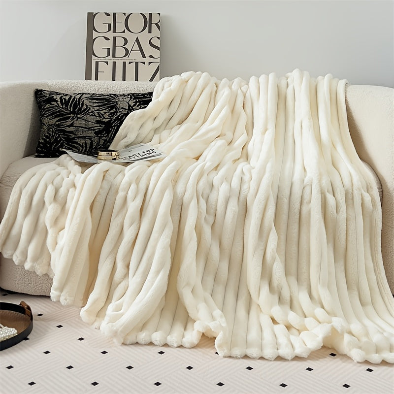 Striped Plush Throw Blanket Reversible Soft Polyester for Sofa Bed Travel