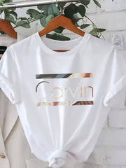 Women’s Cotton Crew Neck T-Shirt with Letter Print for Spring Summer