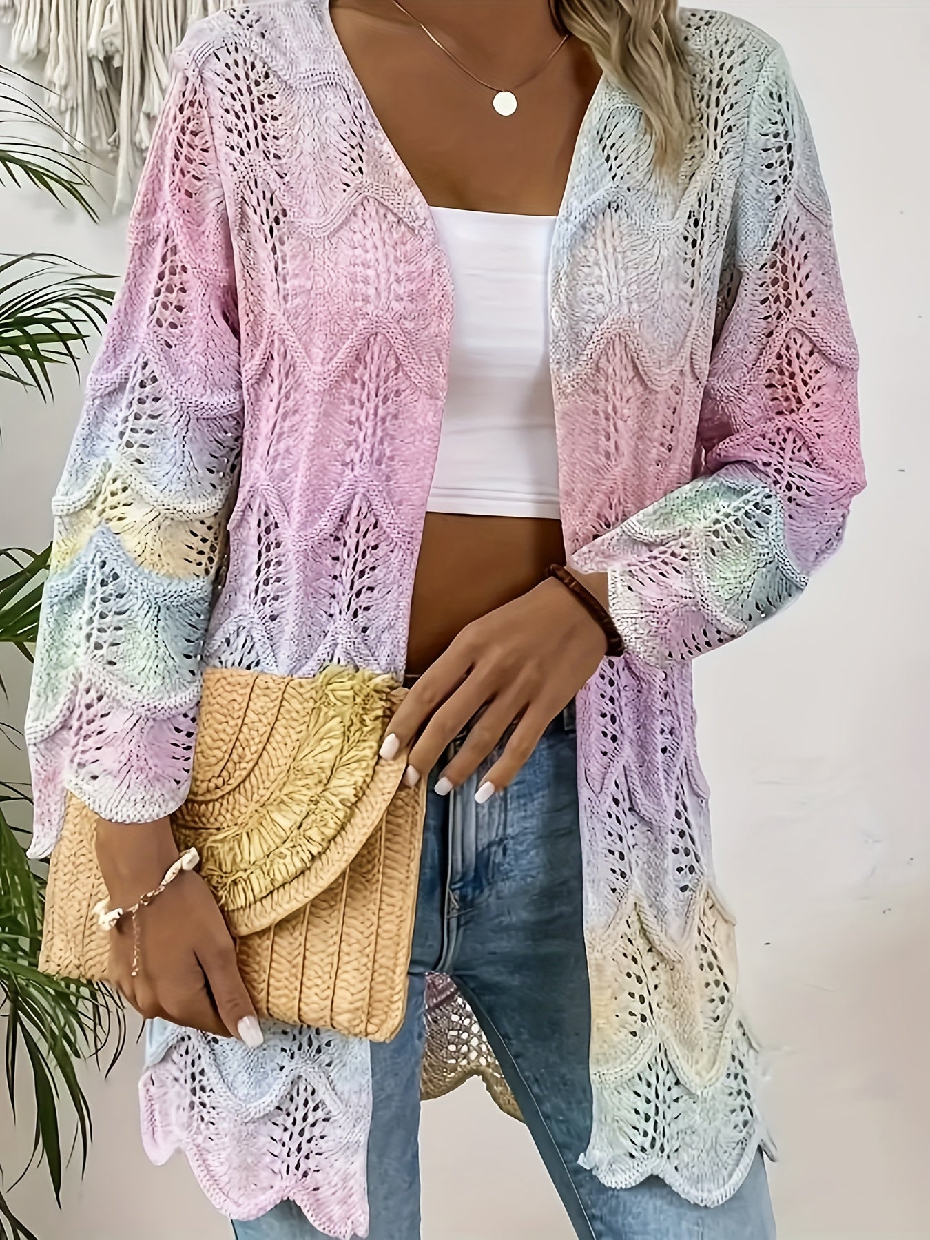 Ayollar uchun katta o'lchamdagi gradient rangli kardigan ochiq old qopqog'i bilan yumshoq akril aralash pastel tie-dye