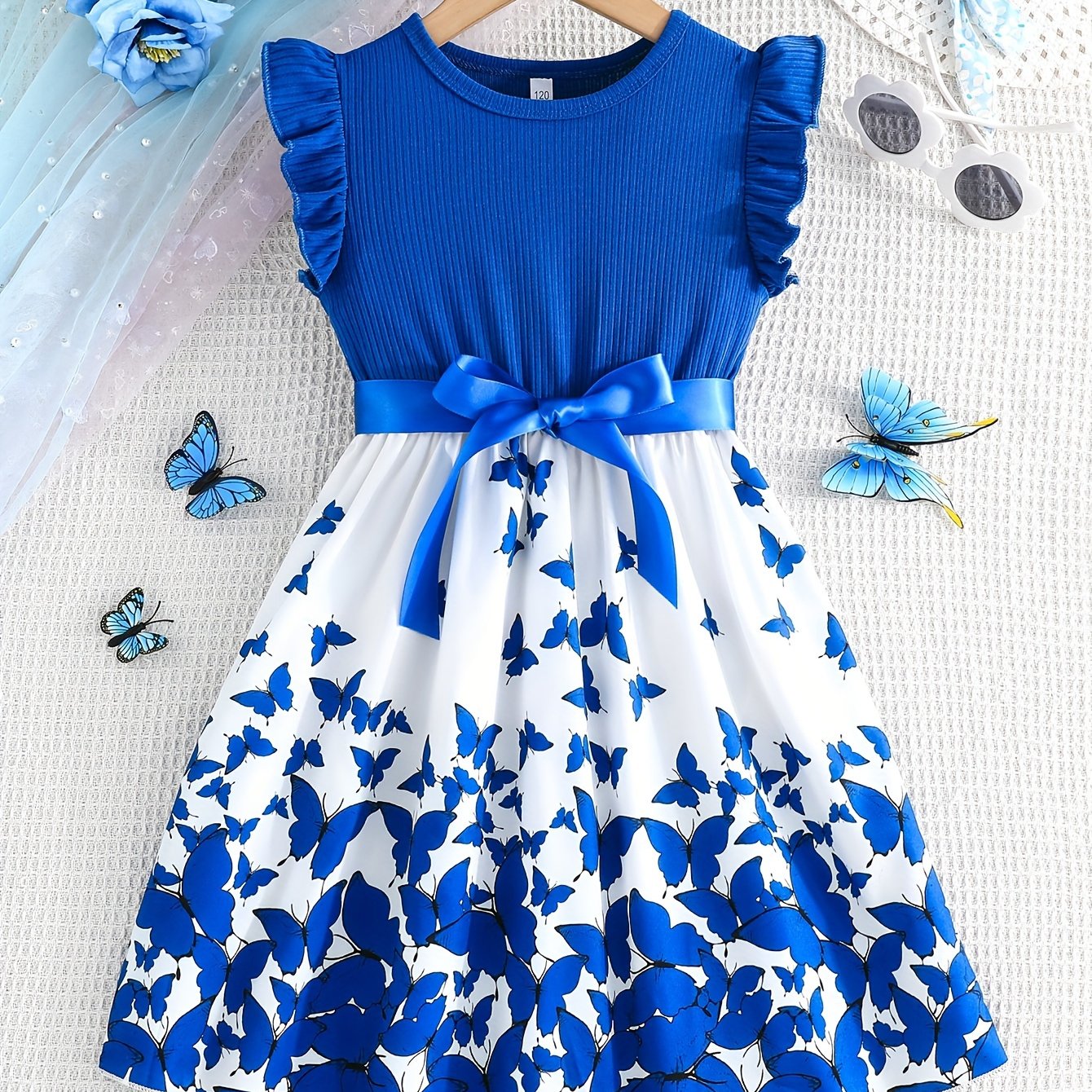 Girls Summer Butterfly Print Patchwork Dress with Belt and Sleeveless Ribbed Cuff Sleeves
